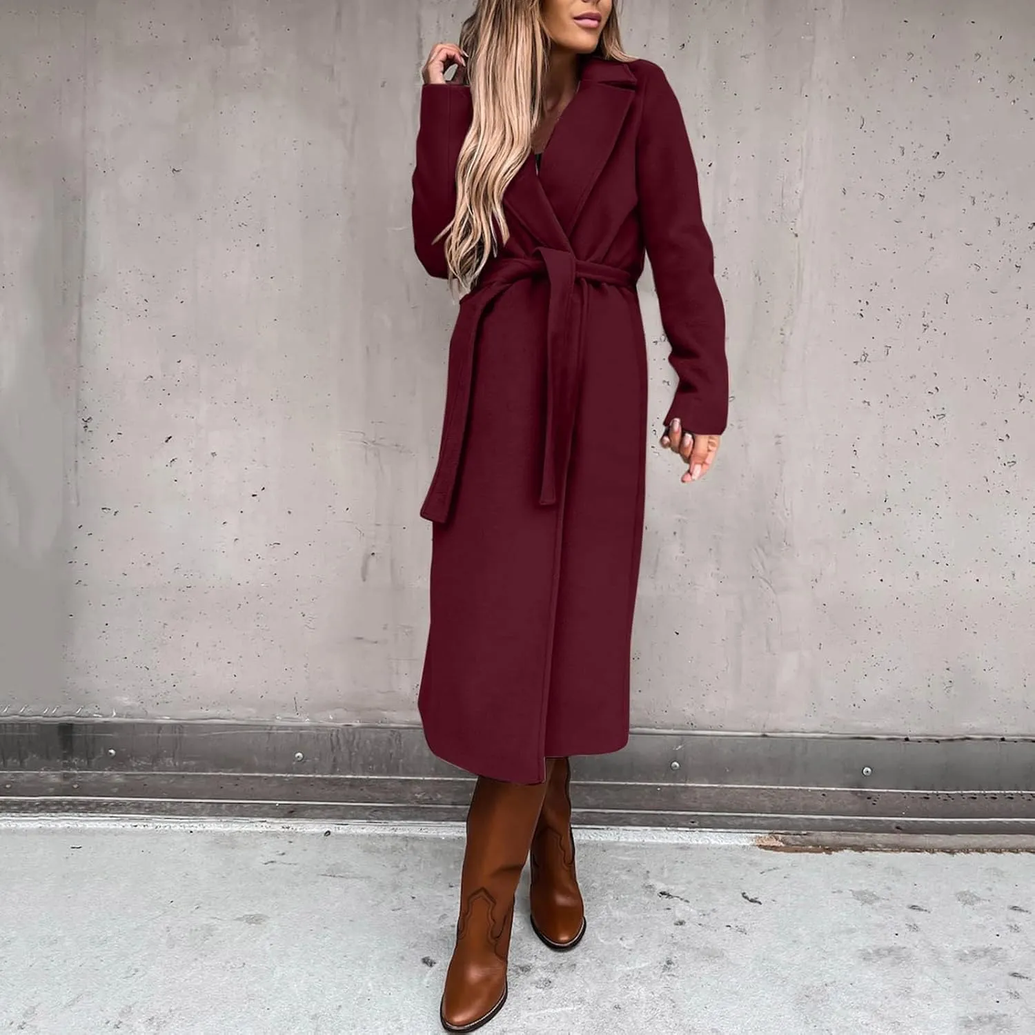 Womens Winter Trench Coats Elegant Long Length Slim Fit Coats Open Front Belt Overcoat Long Lapel Collar Pea Coat