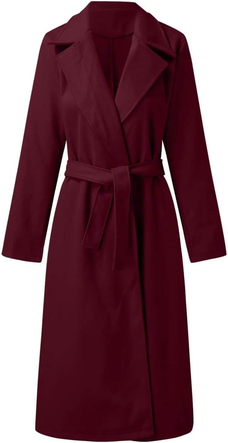 Womens Winter Trench Coats Elegant Long Length Slim Fit Coats Open Front Belt Overcoat Long Lapel Collar Pea Coat