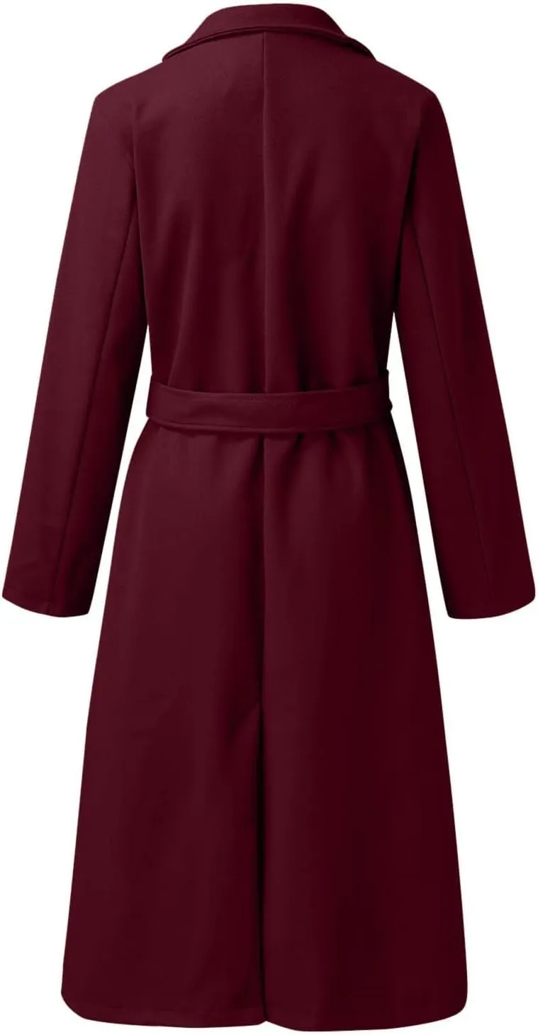Womens Winter Trench Coats Elegant Long Length Slim Fit Coats Open Front Belt Overcoat Long Lapel Collar Pea Coat