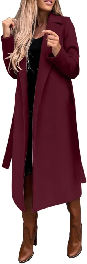 Womens Winter Trench Coats Elegant Long Length Slim Fit Coats Open Front Belt Overcoat Long Lapel Collar Pea Coat