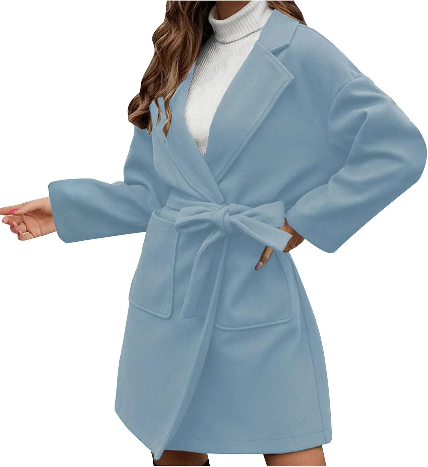 Women's Winter Wool Blend Peacoat Lapel Outerwear Trendy Jacket Casual Elegant Business Long Trench Coats with Belt