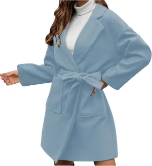 Women's Winter Wool Blend Peacoat Lapel Outerwear Trendy Jacket Casual Elegant Business Long Trench Coats with Belt