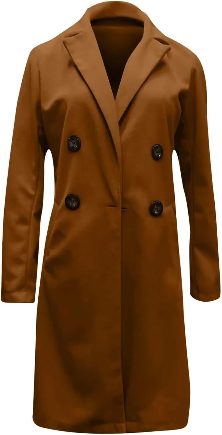 Women's Winter Wool Coat Elegant Notched Collar Double Breasted Wool Blend Over Coat Notch Lapel Trench Coat Overcoat
