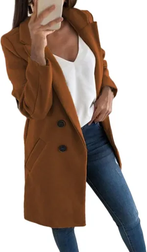 Women's Winter Wool Coat Elegant Notched Collar Double Breasted Wool Blend Over Coat Notch Lapel Trench Coat Overcoat