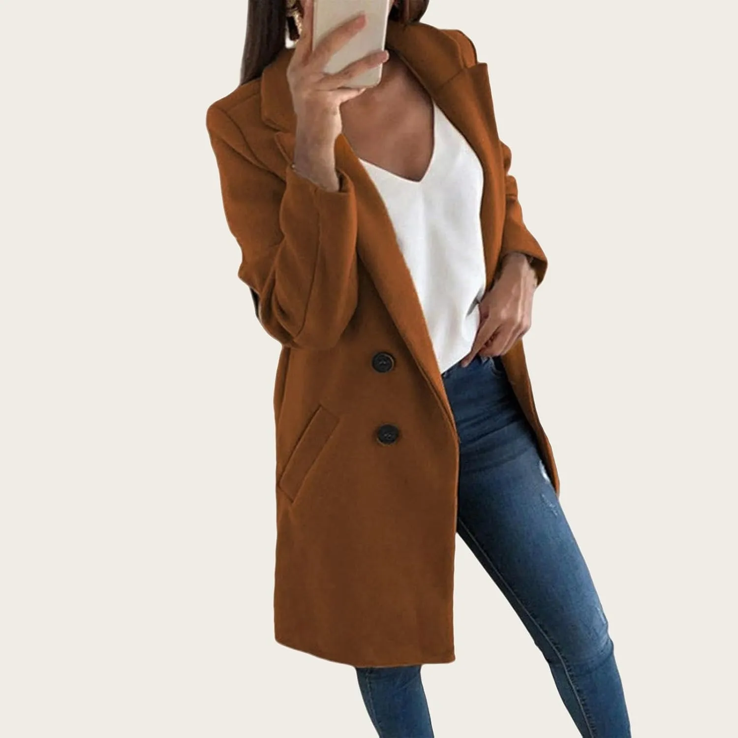 Women's Winter Wool Coat Elegant Notched Collar Double Breasted Wool Blend Over Coat Notch Lapel Trench Coat Overcoat