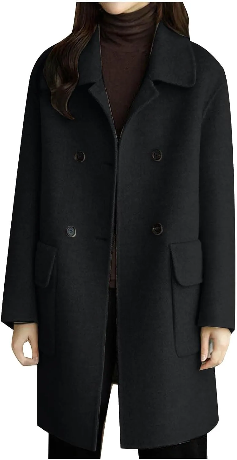 Womens Wool Blend Pea Coat Lapel Double Breasted Outerwear Trendy Jacket Business Overcoat Trench Coats with Pocket