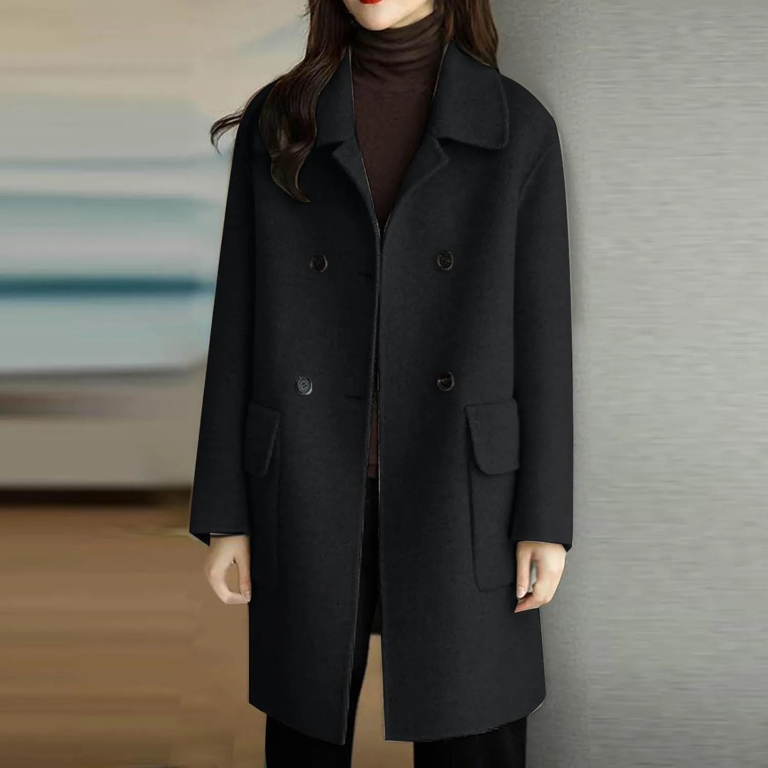 Womens Wool Blend Pea Coat Lapel Double Breasted Outerwear Trendy Jacket Business Overcoat Trench Coats with Pocket