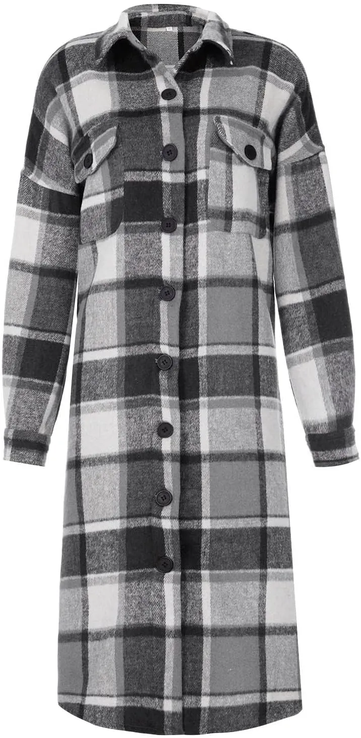 Women's Wool Blend Plaid Coat Single Breasted Long Oversized Pea Coat Jackets Casual Long Sleeve Jacket with Pockets
