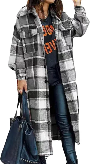 Women's Wool Blend Plaid Coat Single Breasted Long Oversized Pea Coat Jackets Casual Long Sleeve Jacket with Pockets