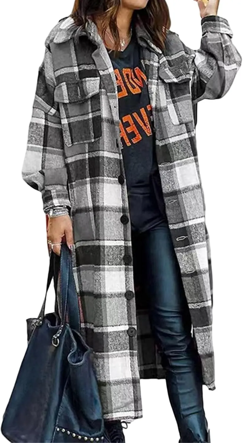 Women's Wool Blend Plaid Coat Single Breasted Long Oversized Pea Coat Jackets Casual Long Sleeve Jacket with Pockets