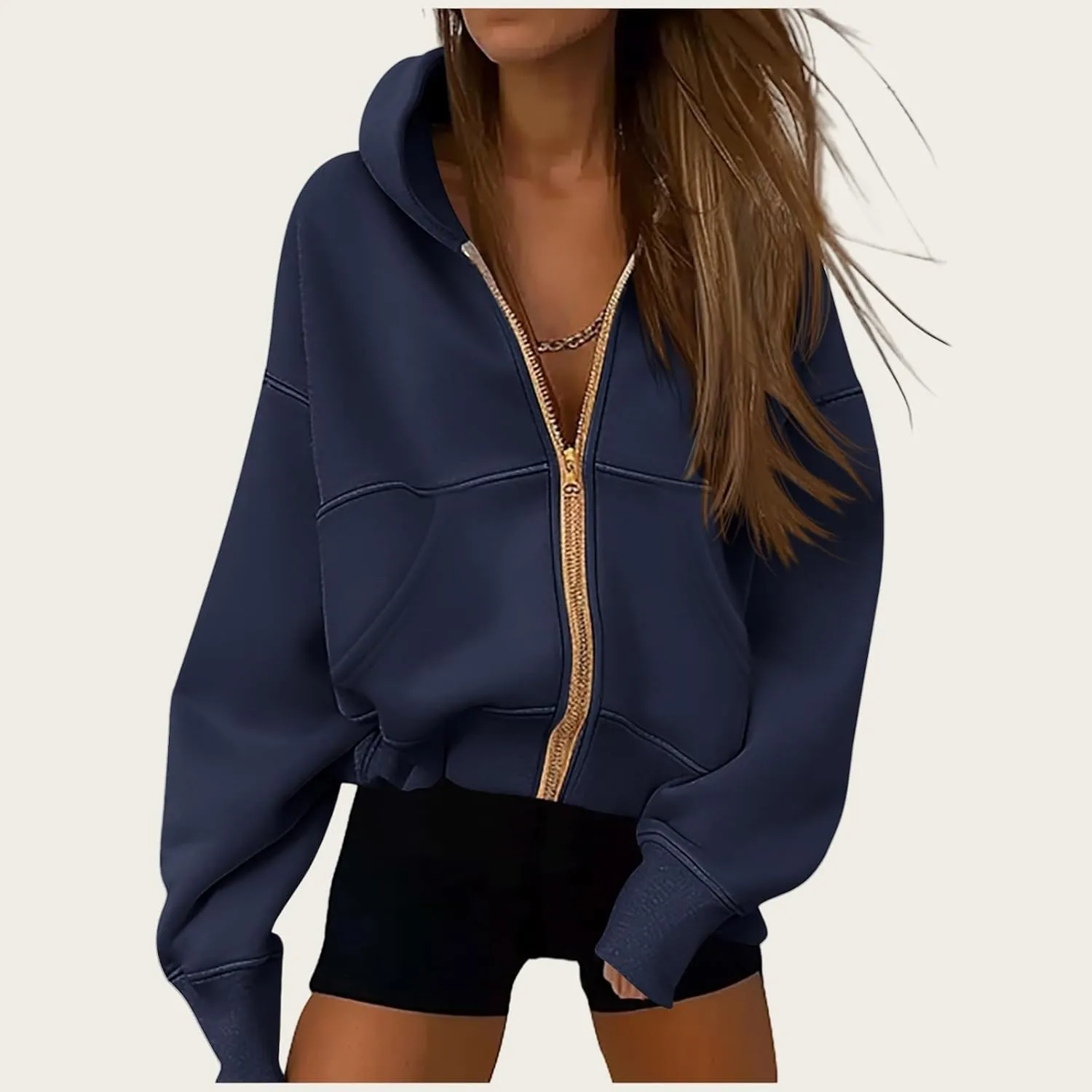 Womens Zip Up Hoodie Casual Fleece Jacket Long Sleeve Cropped Hooded Sweatshirts with Pockets