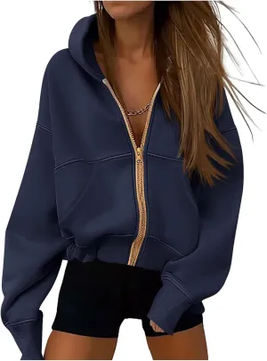 Womens Zip Up Hoodie Casual Fleece Jacket Long Sleeve Cropped Hooded Sweatshirts with Pockets