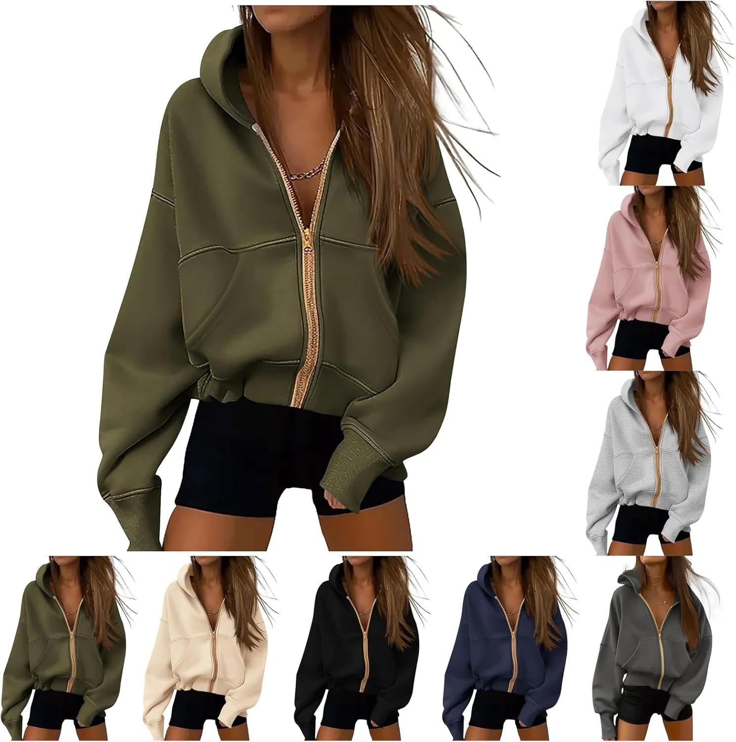 Womens Zip Up Hoodie Casual Fleece Jacket Long Sleeve Cropped Hooded Sweatshirts with Pockets
