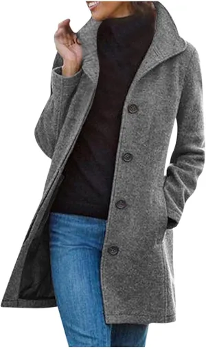Wool Blend Trench Jacket for Women Single Breasted Business Casual Long Jackets Lapel Collar Mid Length Outerwear
