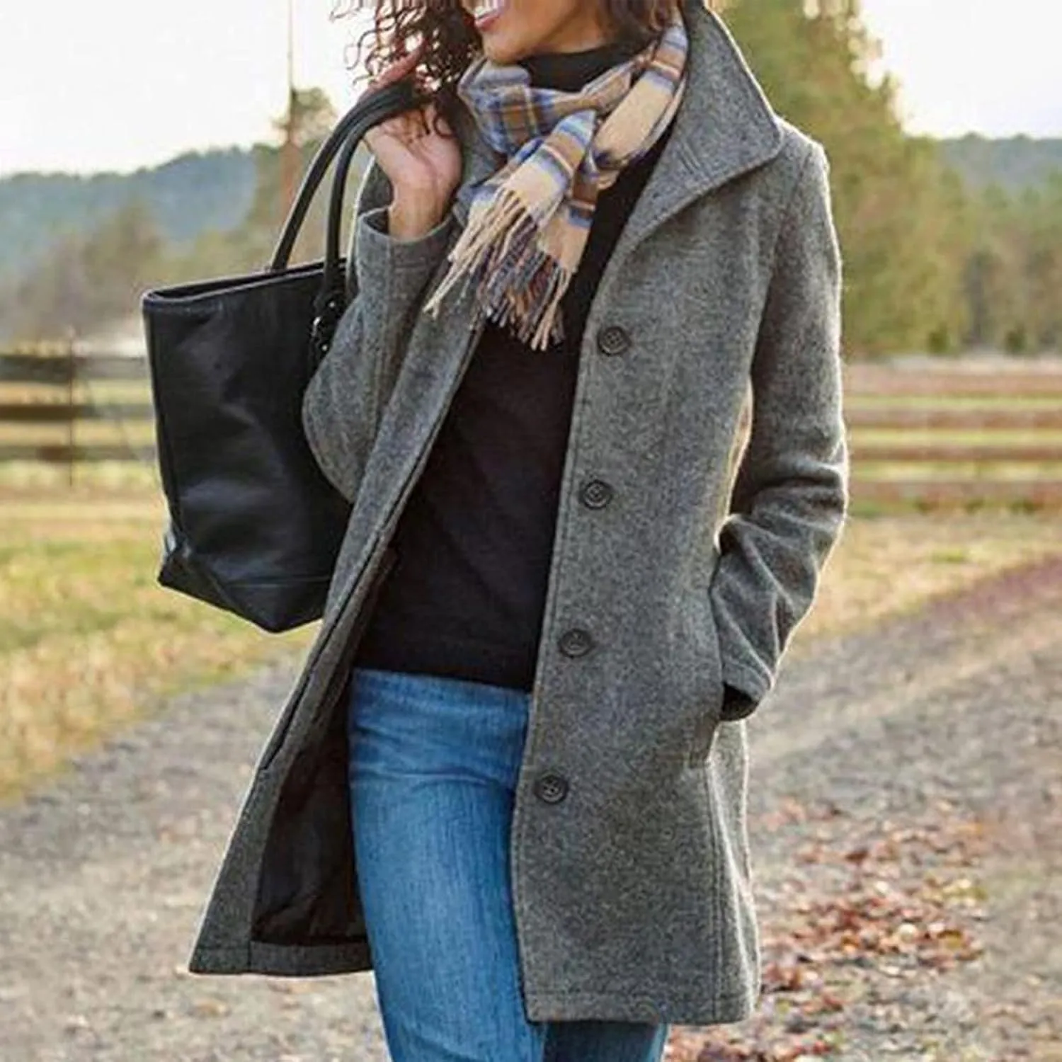 Wool Blend Trench Jacket for Women Single Breasted Business Casual Long Jackets Lapel Collar Mid Length Outerwear