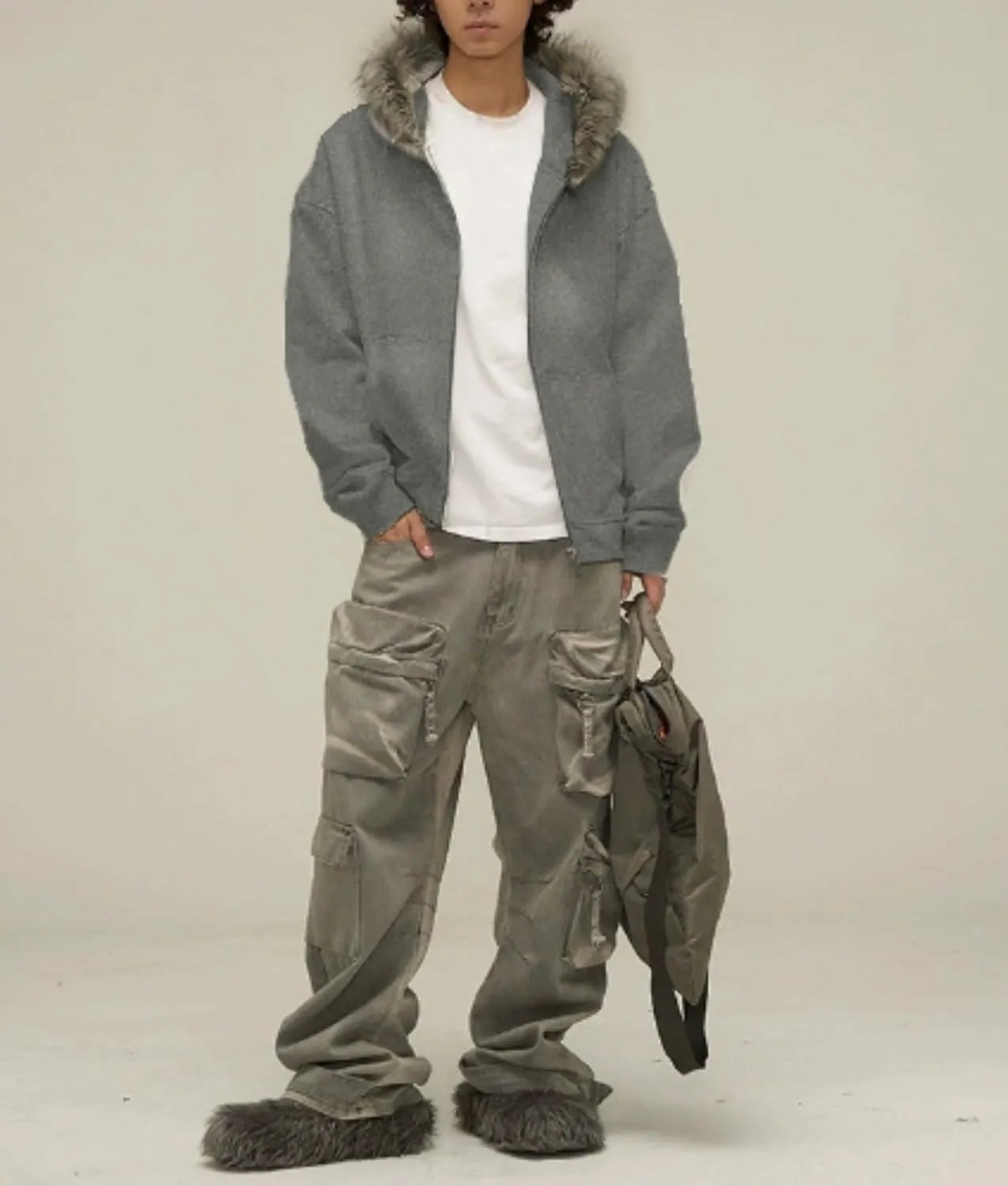 Y2k Zip Up Hoodie Fur Hooded Jacket Warm Winter Coat for Men Fur Collar Hoodies Streetwear Unisex Streetwear