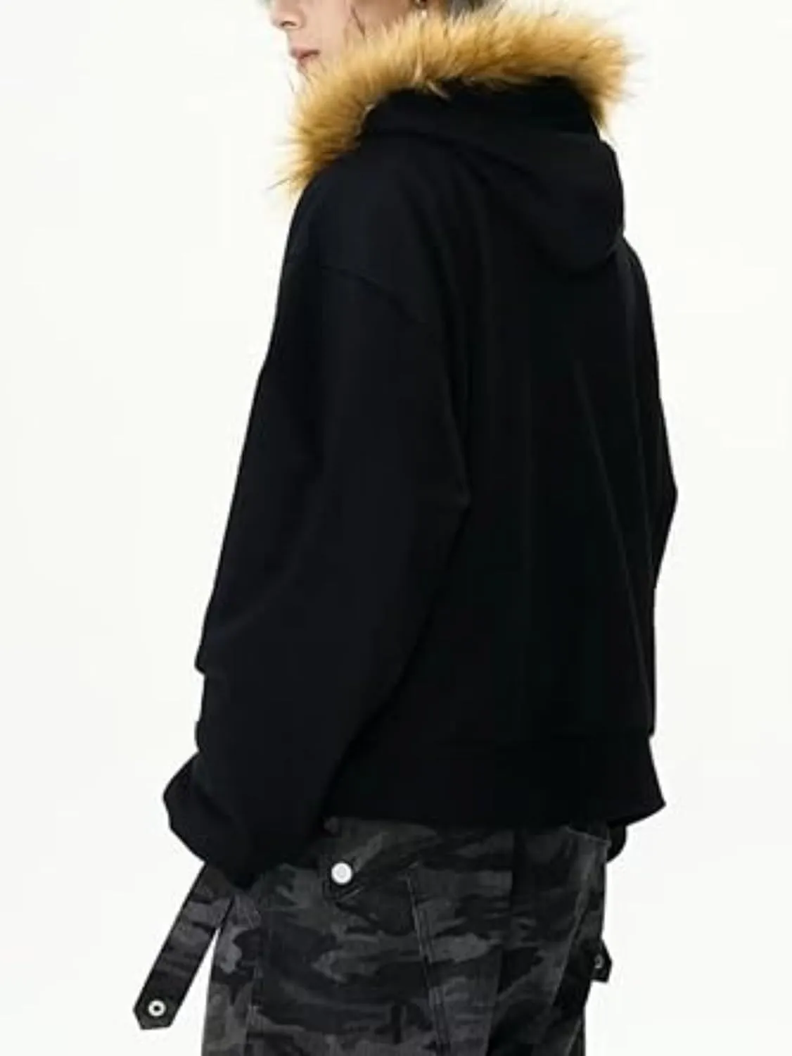 Y2k Zip Up Hoodie Fur Hooded Jacket Warm Winter Coat for Men Fur Collar Hoodies Streetwear Unisex Streetwear