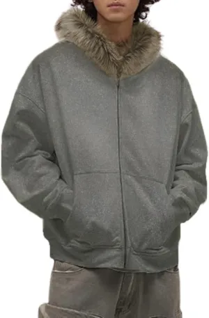 Y2k Zip Up Hoodie Fur Hooded Jacket Warm Winter Coat for Men Fur Collar Hoodies Streetwear Unisex Streetwear