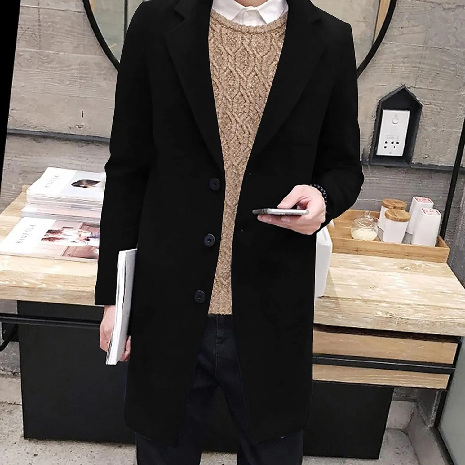 Ymosrh Winter Coats for Men Formal Single Breasted Figuring Overcoat Long Wool Warm Jacket Outwear Jackets