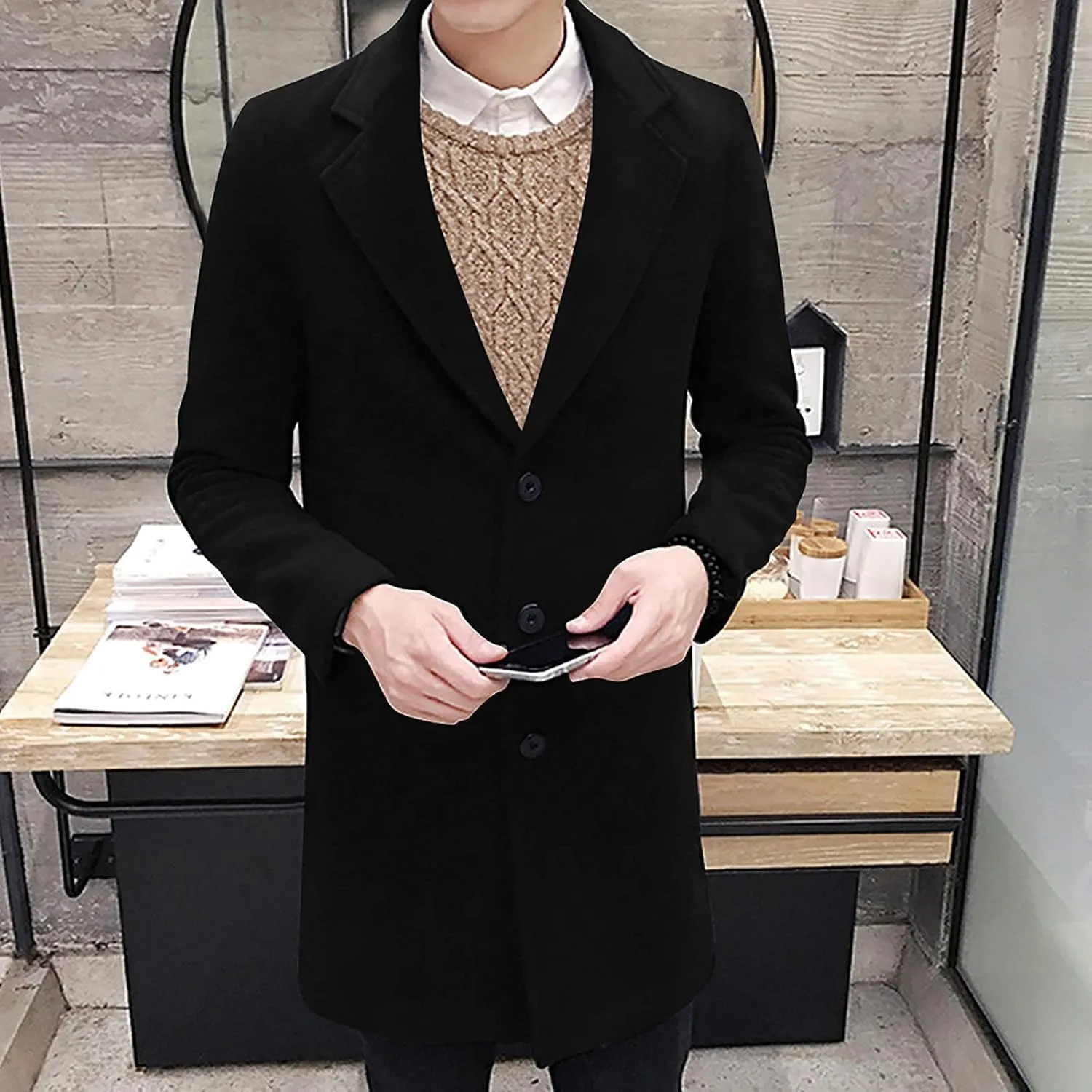 Ymosrh Winter Coats for Men Formal Single Breasted Figuring Overcoat Long Wool Warm Jacket Outwear Jackets