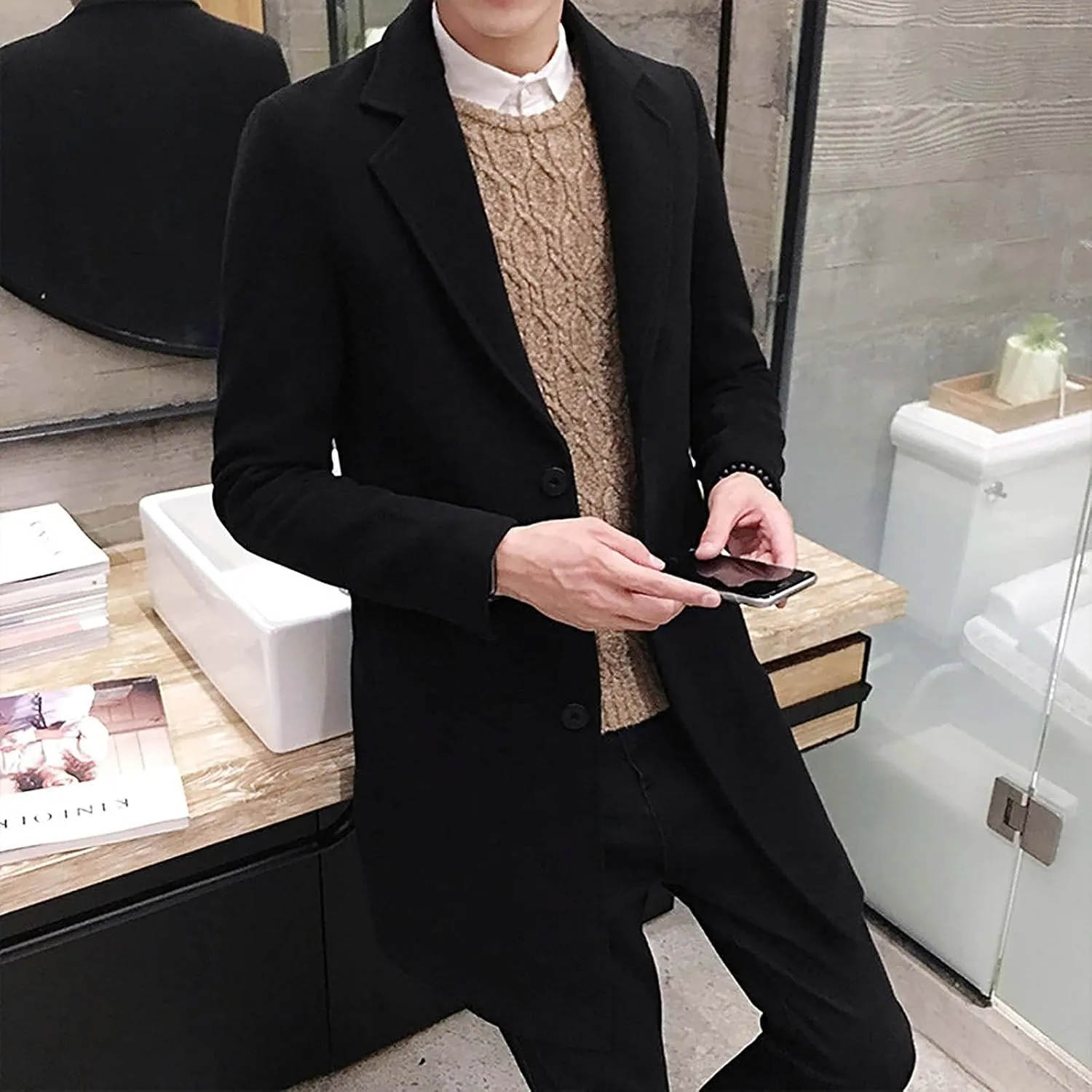 Ymosrh Winter Coats for Men Formal Single Breasted Figuring Overcoat Long Wool Warm Jacket Outwear Jackets