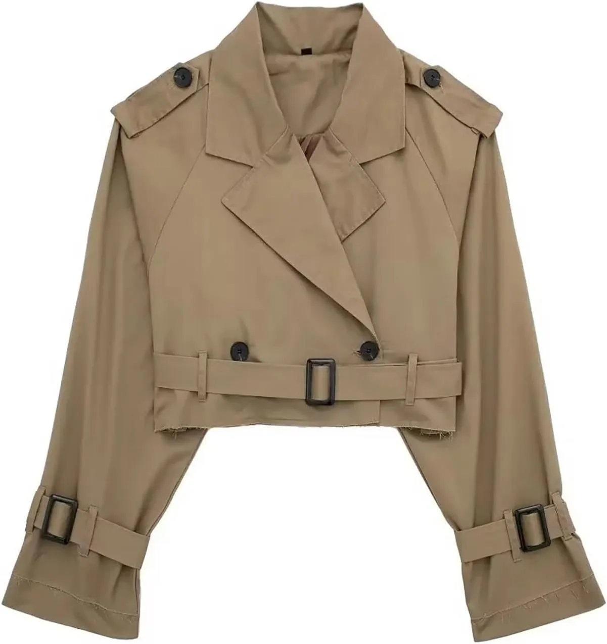 YRAETENM Cropped Trench Coat for Women Lightweight Lapel Double Breasted Short Jacket Belted Long Sleeve Fall Fashion Outwear