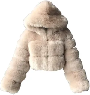 YRAETENM Women Fluffy Faux Fur Coat Cropped Zip up Thicken Bubble Coats Warm Long Sleeve Winter Teddy Jackets with Fuzzy Hood