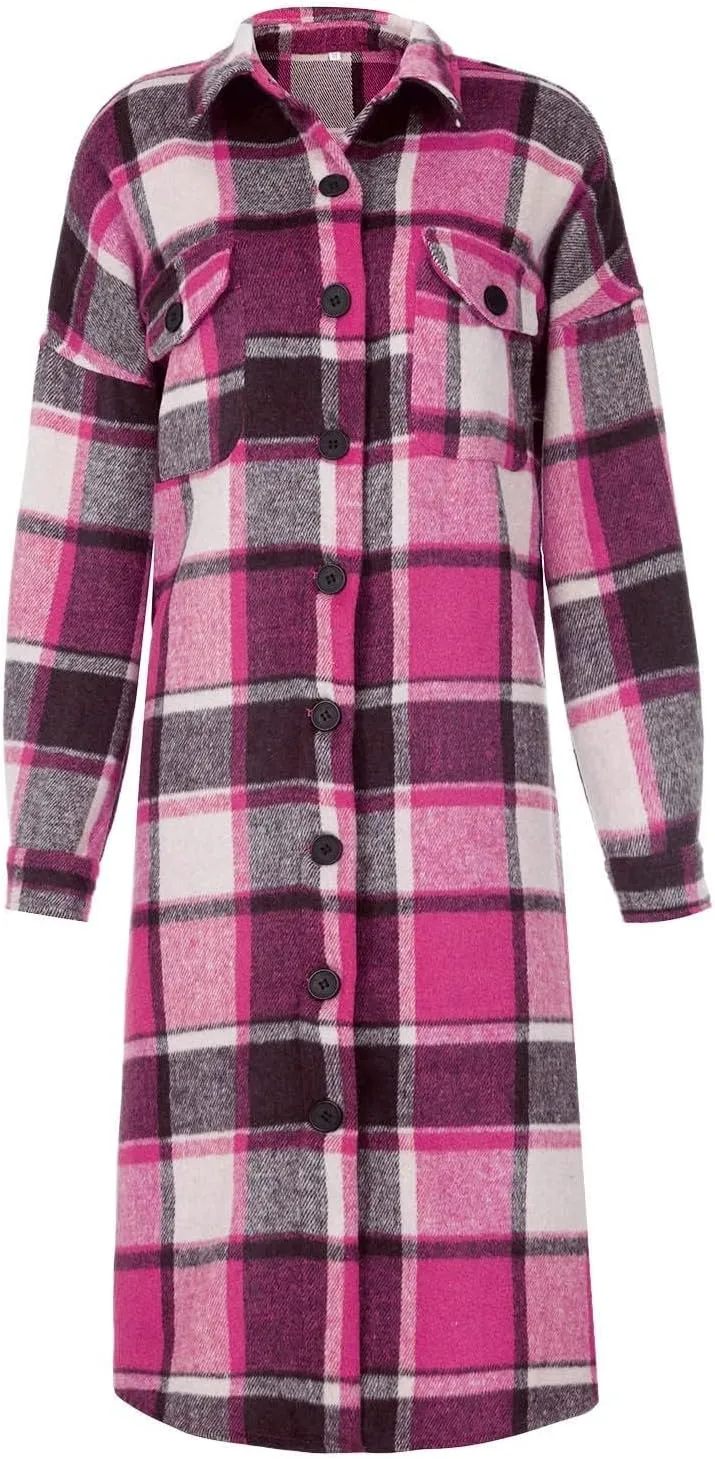 ZWRXW Women's Fall Plaid Shacket Jacket Casual Wool Blend Lapel Trench Coat Button Down Lounge Shirt Outwear with Pockets