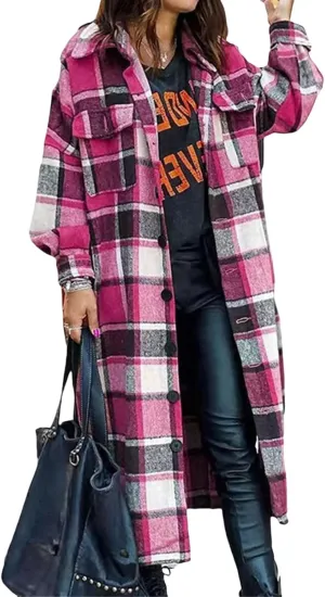 ZWRXW Women's Fall Plaid Shacket Jacket Casual Wool Blend Lapel Trench Coat Button Down Lounge Shirt Outwear with Pockets