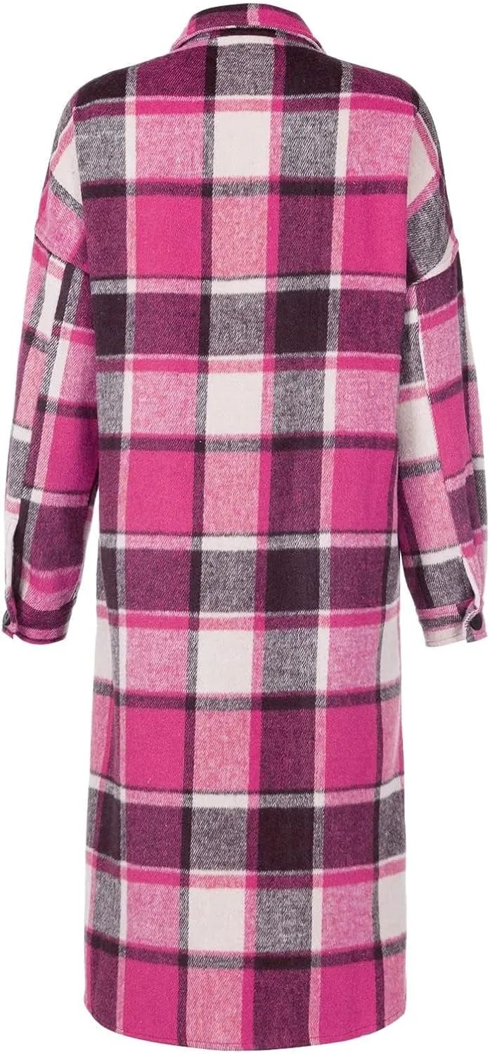 ZWRXW Women's Fall Plaid Shacket Jacket Casual Wool Blend Lapel Trench Coat Button Down Lounge Shirt Outwear with Pockets