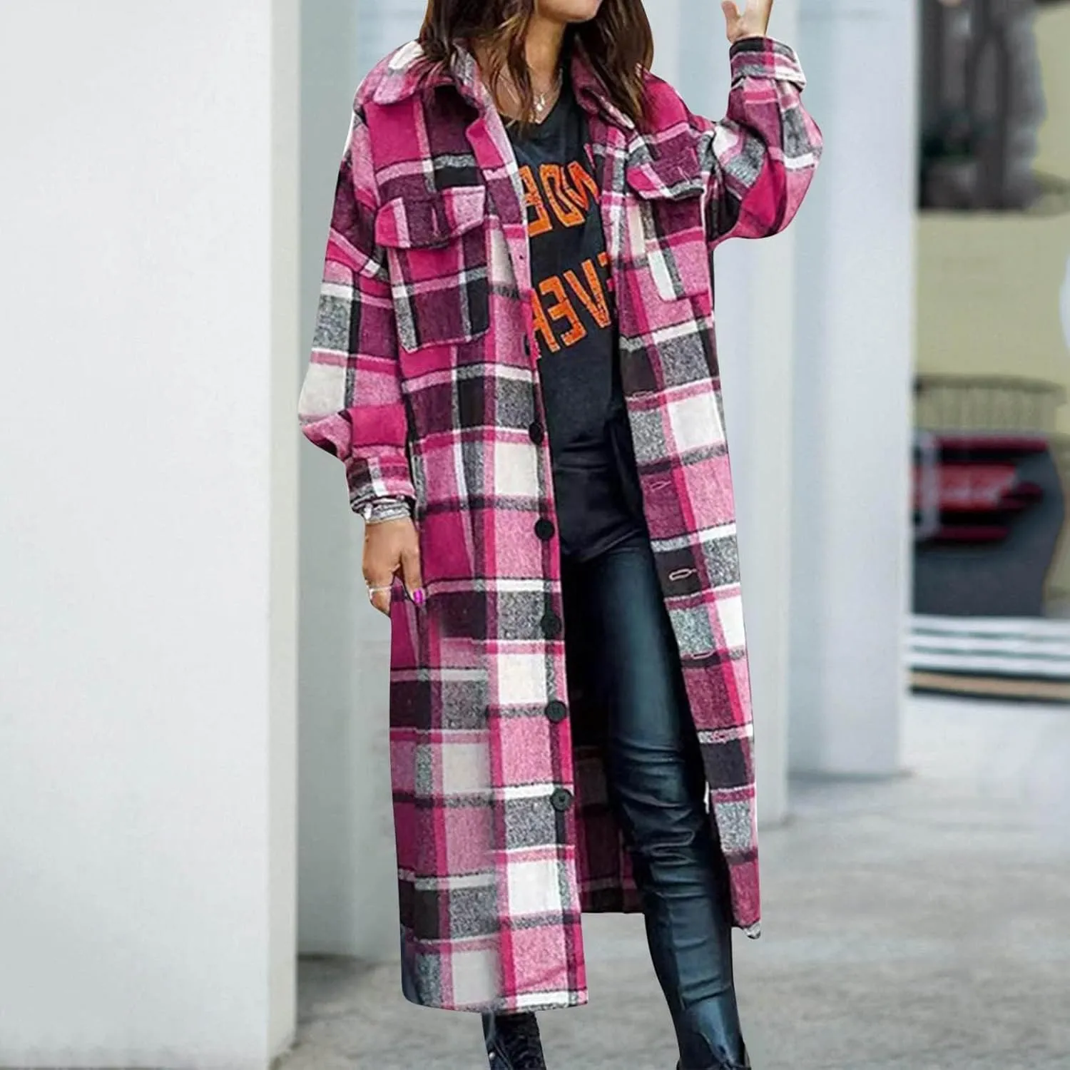 ZWRXW Women's Fall Plaid Shacket Jacket Casual Wool Blend Lapel Trench Coat Button Down Lounge Shirt Outwear with Pockets