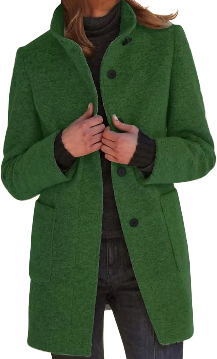 ZWRXW Women's Wool Blend Pea Coat Button Down Stand Collar Thicken Jacket Casual Solid Mid-Long Outerwear with Pockets