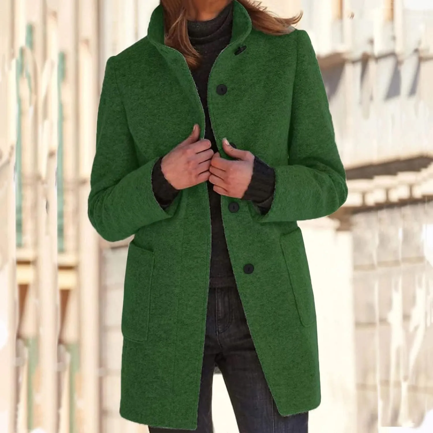 ZWRXW Women's Wool Blend Pea Coat Button Down Stand Collar Thicken Jacket Casual Solid Mid-Long Outerwear with Pockets
