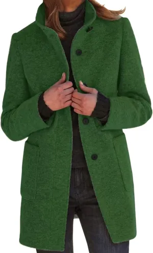 ZWRXW Women's Wool Blend Pea Coat Button Down Stand Collar Thicken Jacket Casual Solid Mid-Long Outerwear with Pockets